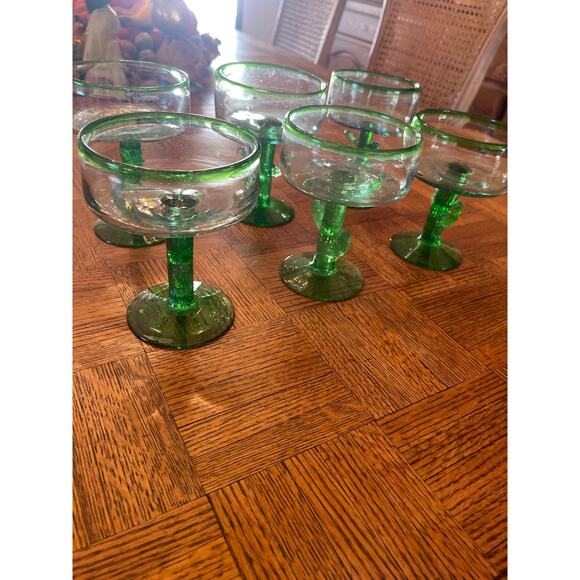 Handblown Mexican Margarita Glasses Green Cactus Stem Recycled Bubble Glass (6) - Picture 4 of 6